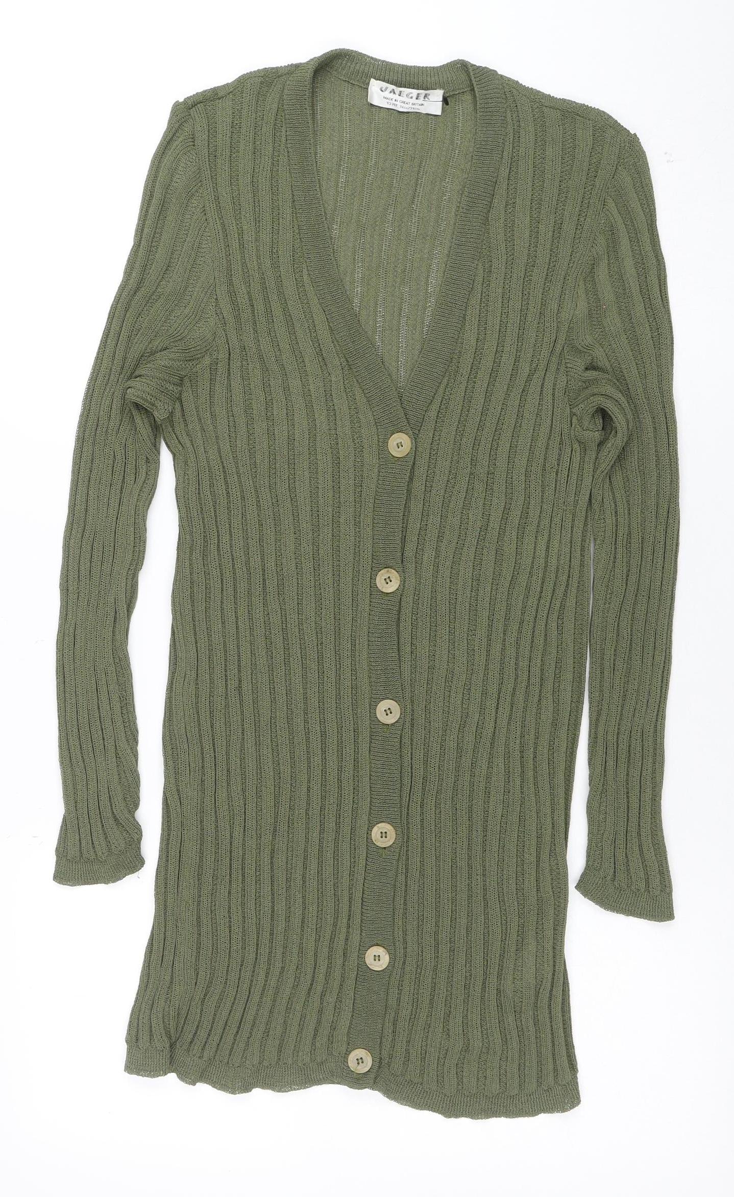 Jaeger Women’s Green V-Neck Ribbed Knit Long Sleeve Cardigan Size 10