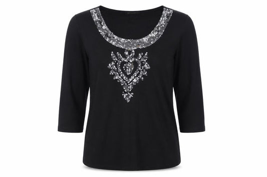 INC International Concepts Womens Black Sequin Scoop Neck 3/4 Sleeve Top XL