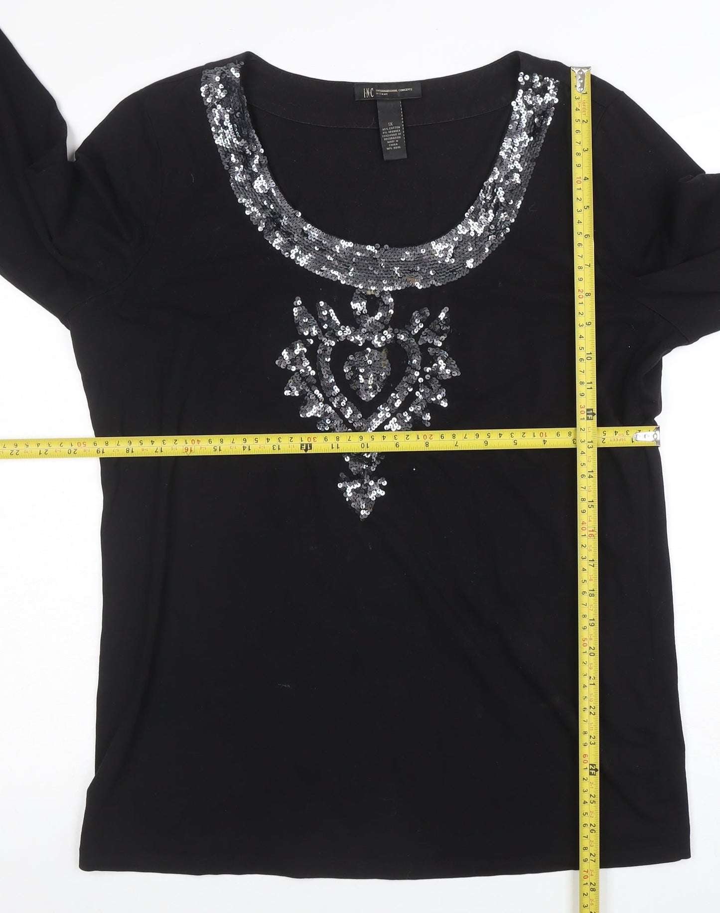 INC International Concepts Womens Black Sequin Scoop Neck 3/4 Sleeve Top XL