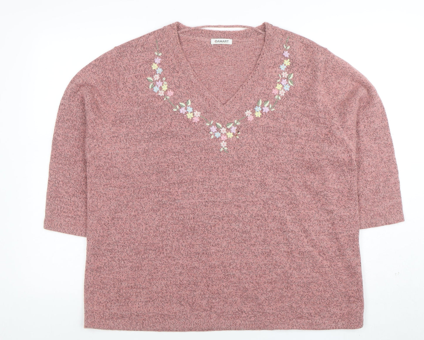 Damart Women’s Pink Embroidered V-Neck 3/4 Sleeve Knit Jumper XL