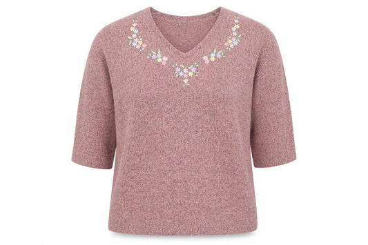 Damart Women’s Pink Embroidered V-Neck 3/4 Sleeve Knit Jumper XL