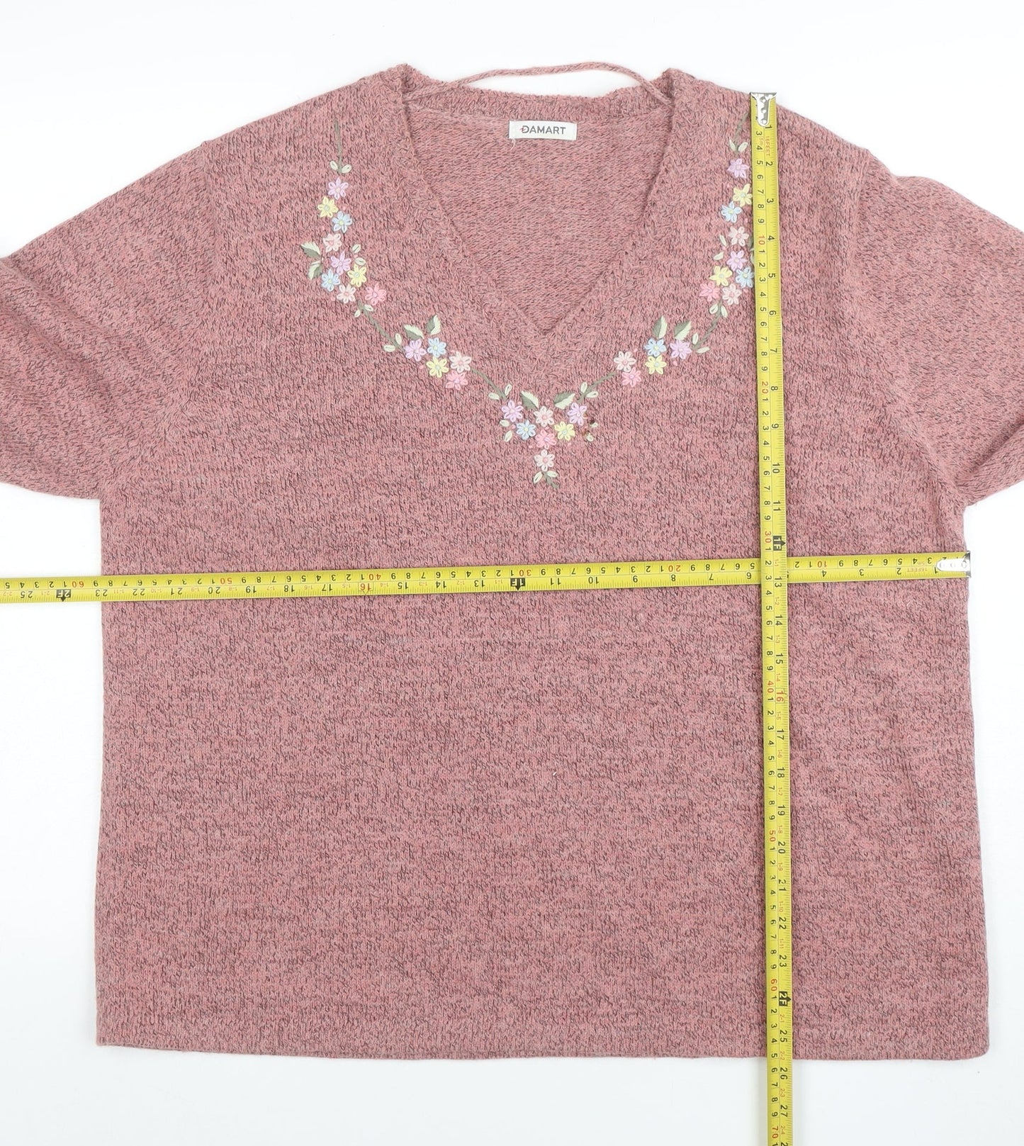 Damart Women’s Pink Embroidered V-Neck 3/4 Sleeve Knit Jumper XL