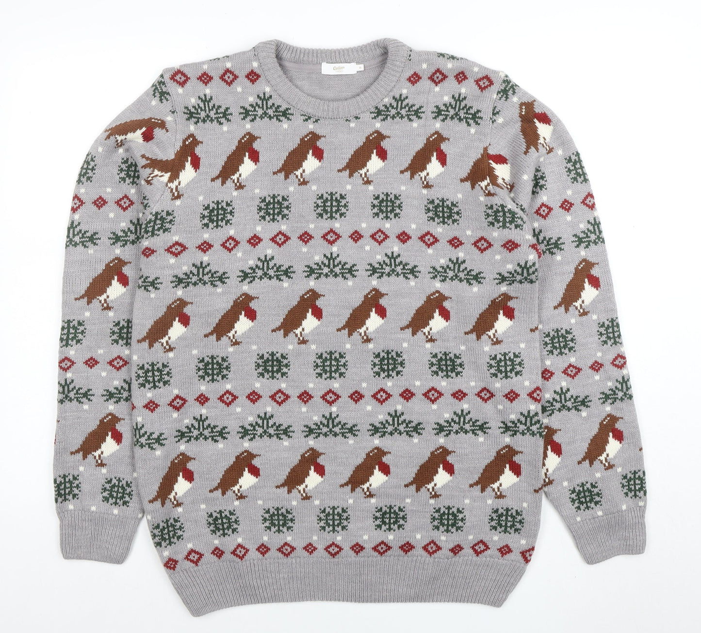 Cotton Traders Men's Grey Christmas Robin Fair Isle Pullover Jumper Size M