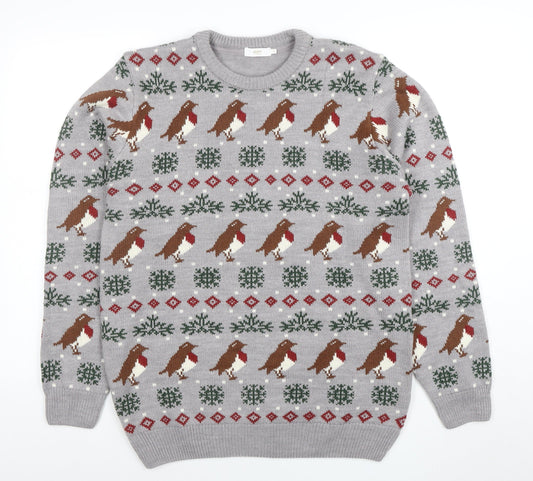 Cotton Traders Men's Grey Christmas Robin Fair Isle Pullover Jumper Size M