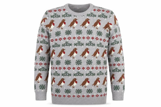 Cotton Traders Men's Grey Christmas Robin Fair Isle Pullover Jumper Size M
