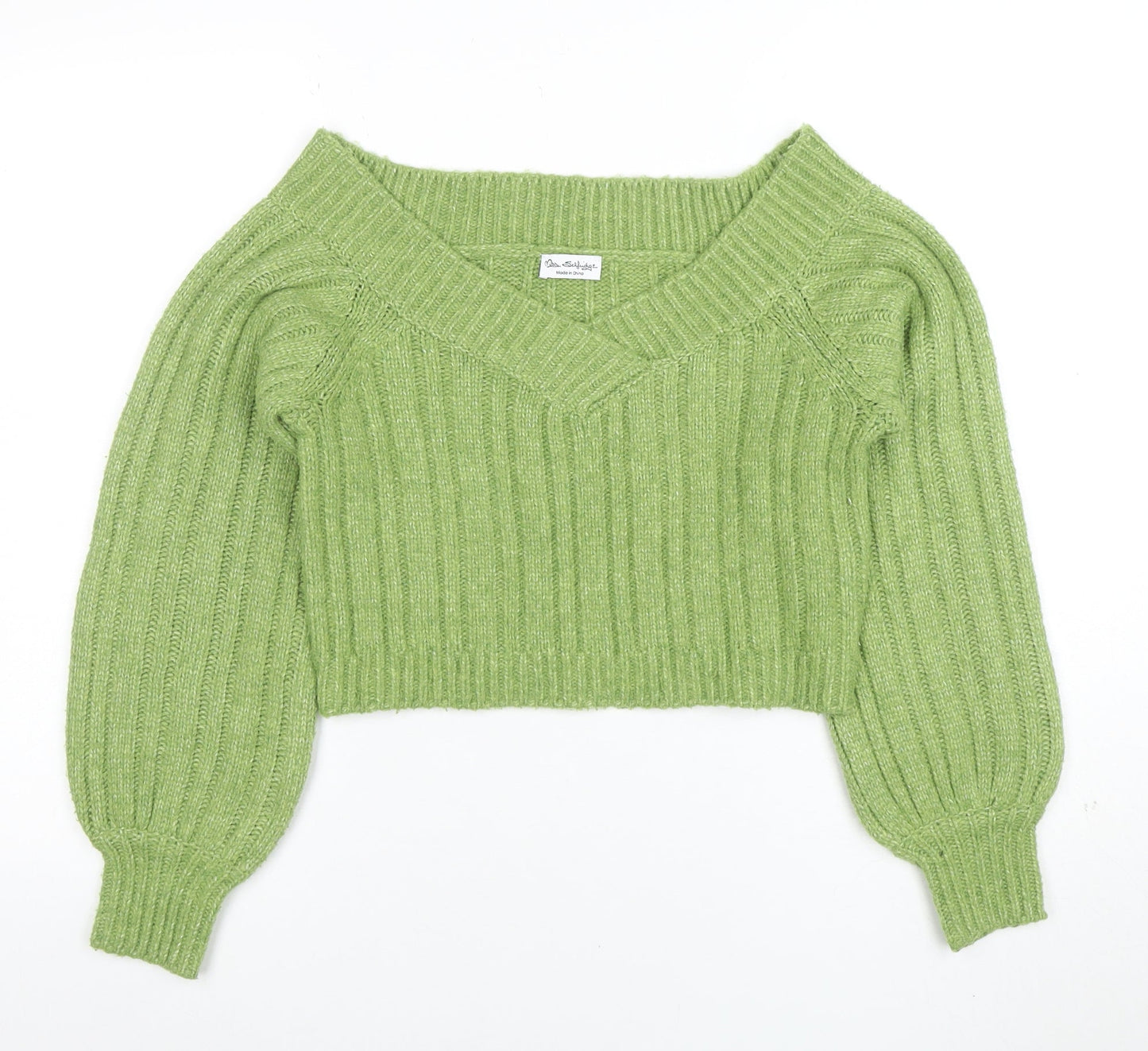 Miss Selfridge Womens Green V-Neck Ribbed Knit Pullover Jumper Size S
