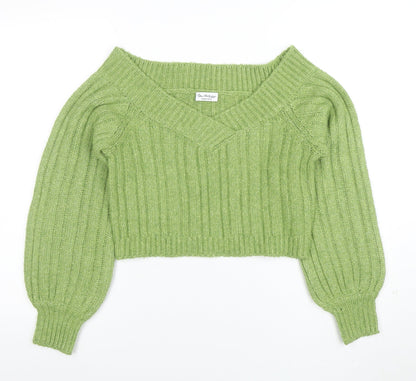 Additional front view of Miss Selfridge women’s green v-neck ribbed knit jumper, size S