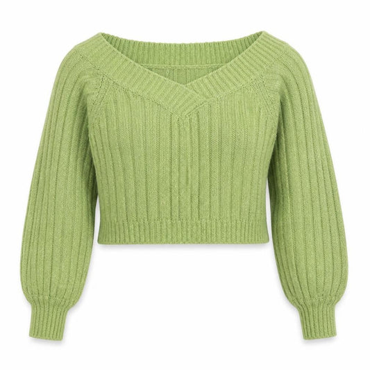 Front view of Miss Selfridge women’s green v-neck ribbed knit jumper, size S