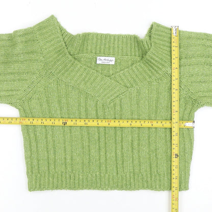 Back view of Miss Selfridge women’s green v-neck ribbed knit jumper, size S