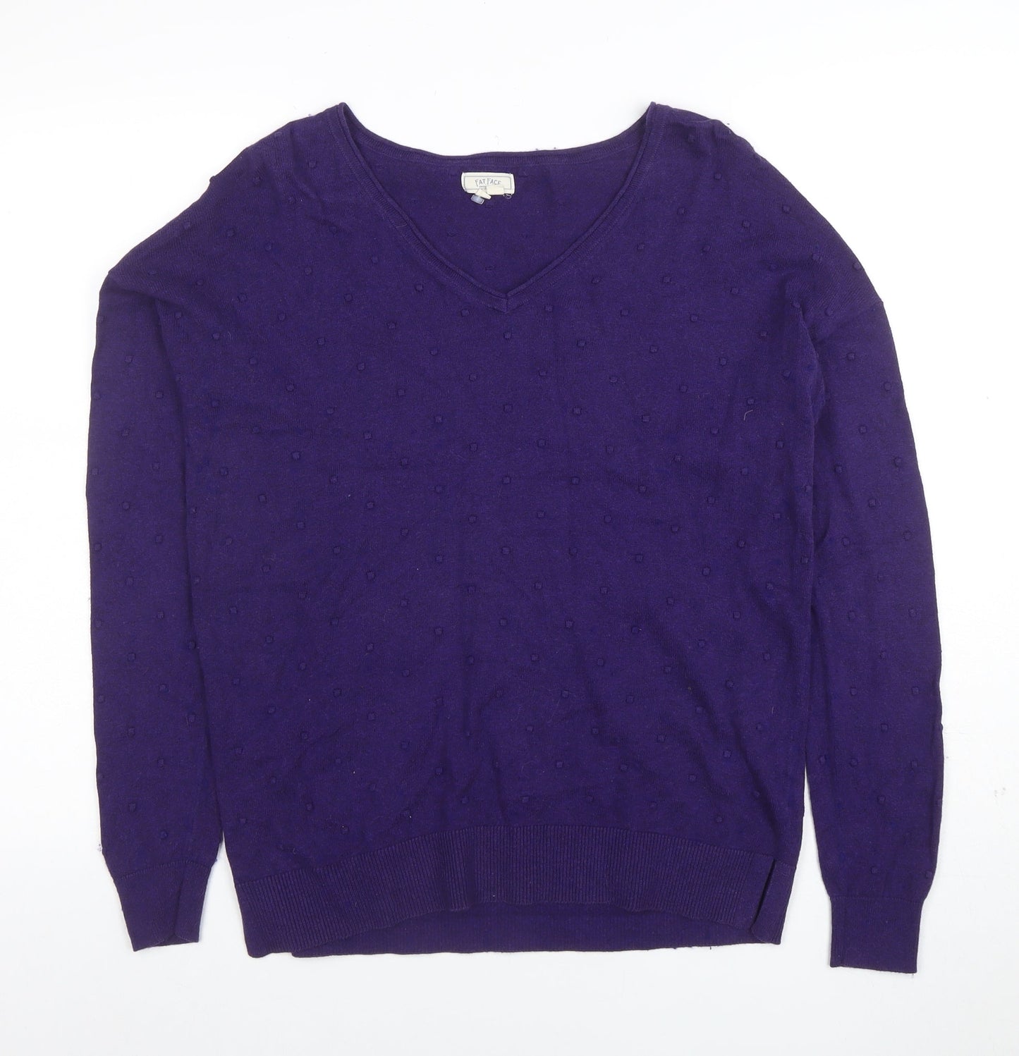 Fat Face Women's Purple V-Neck Cotton Wool Knit Jumper Size 10