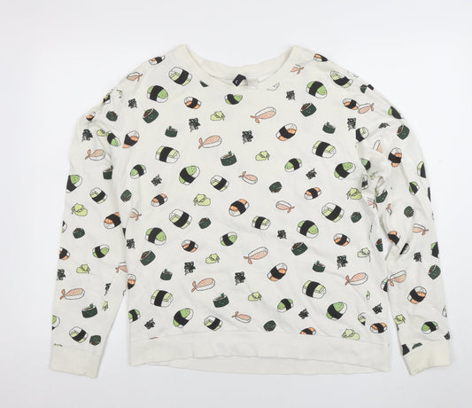 H&M Divided Womens White Sushi Print Pullover Sweatshirt L