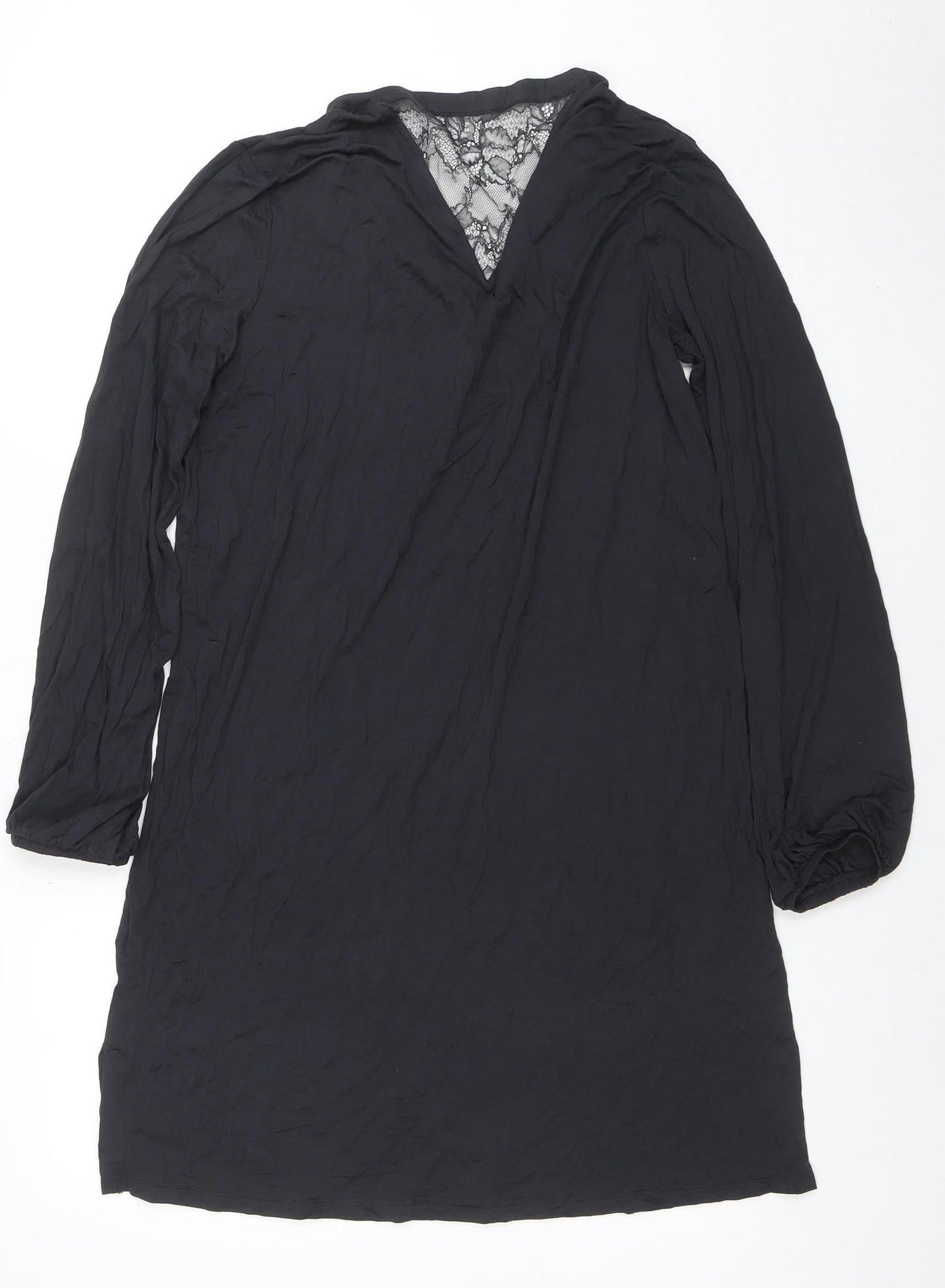 Marks and Spencer Women Black Shift Dress Size 12 Lace V-Neck Long Sleeve
