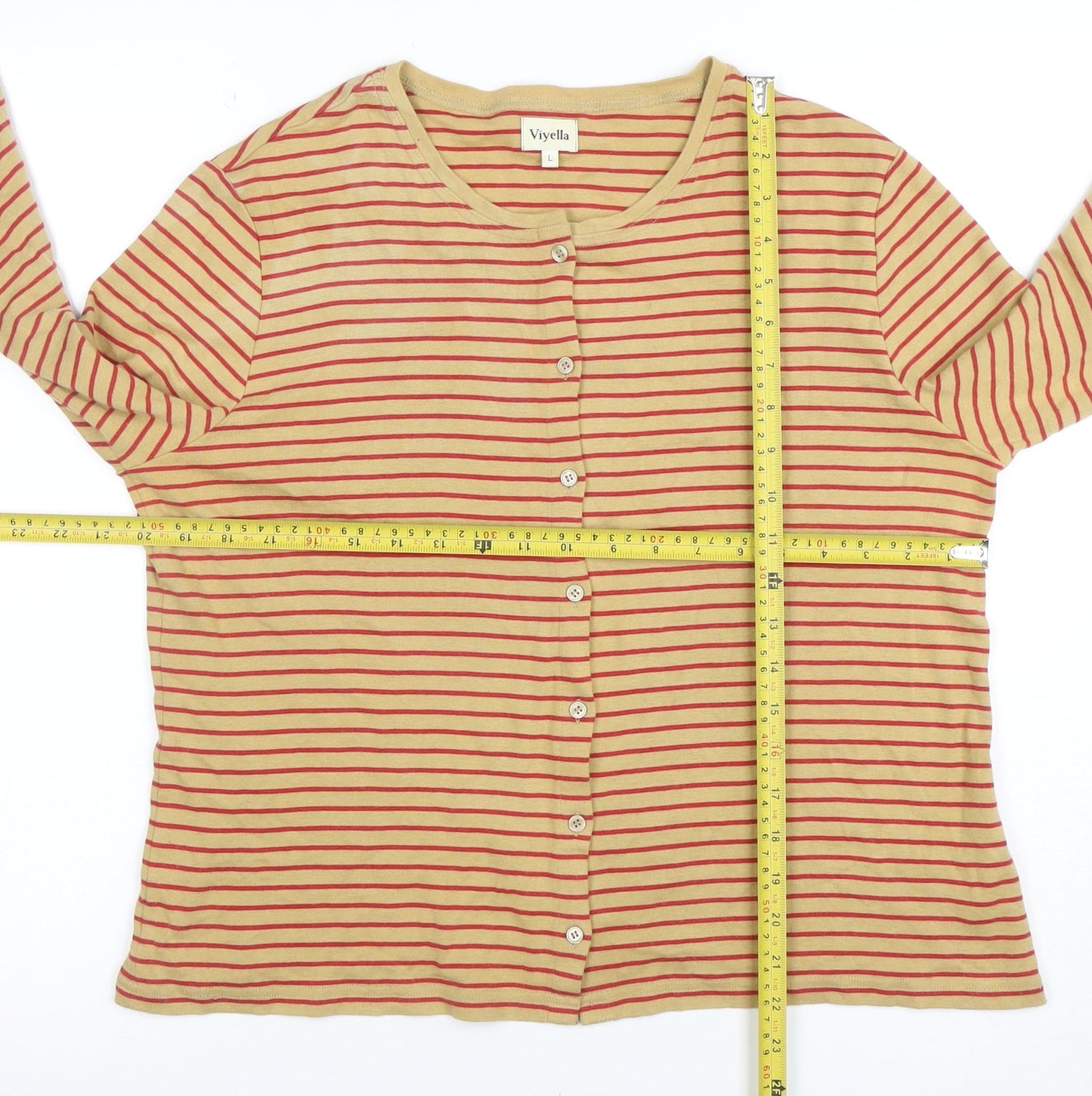 Viyella Women’s Beige Red Striped Cotton Cardigan Size L