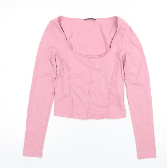 New Look Women Pink Cropped Long Sleeve Scoop Neck Top Size 6
