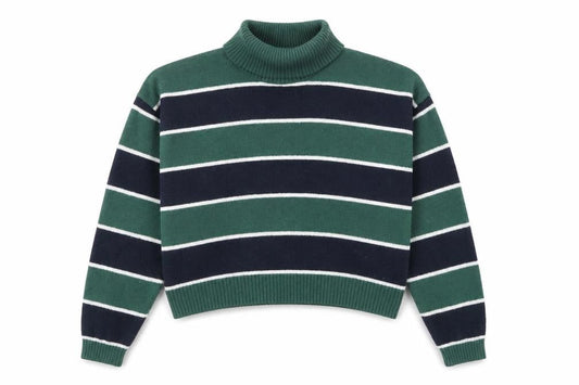 Hollister Women’s Green Striped Roll Neck Knit Jumper XL