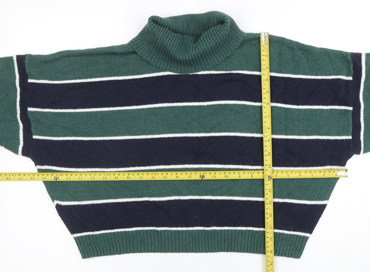 Hollister Women’s Green Striped Roll Neck Knit Jumper XL