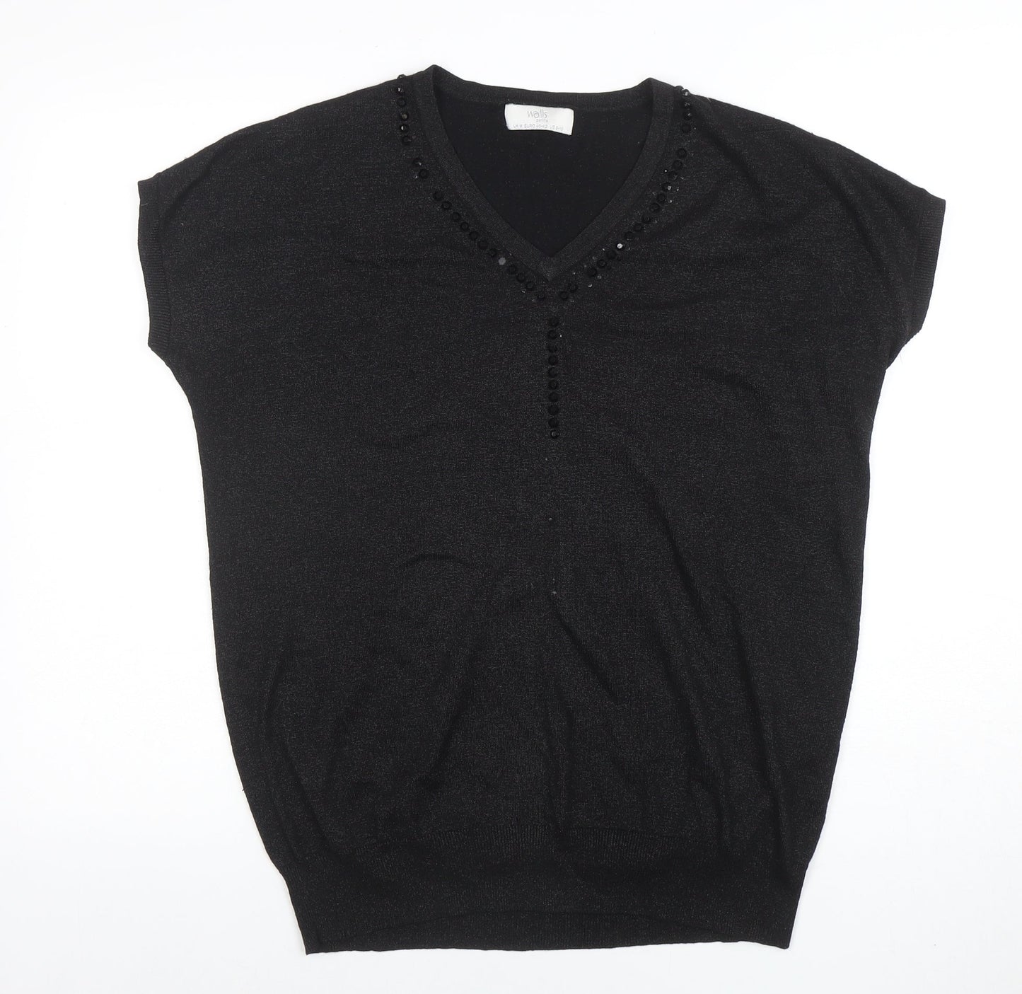 Wallis Petites Black Beaded V-Neck Tunic Knit Top Size M