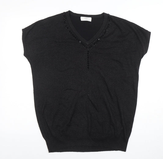 Wallis Petites Black Beaded V-Neck Tunic Knit Top Size M