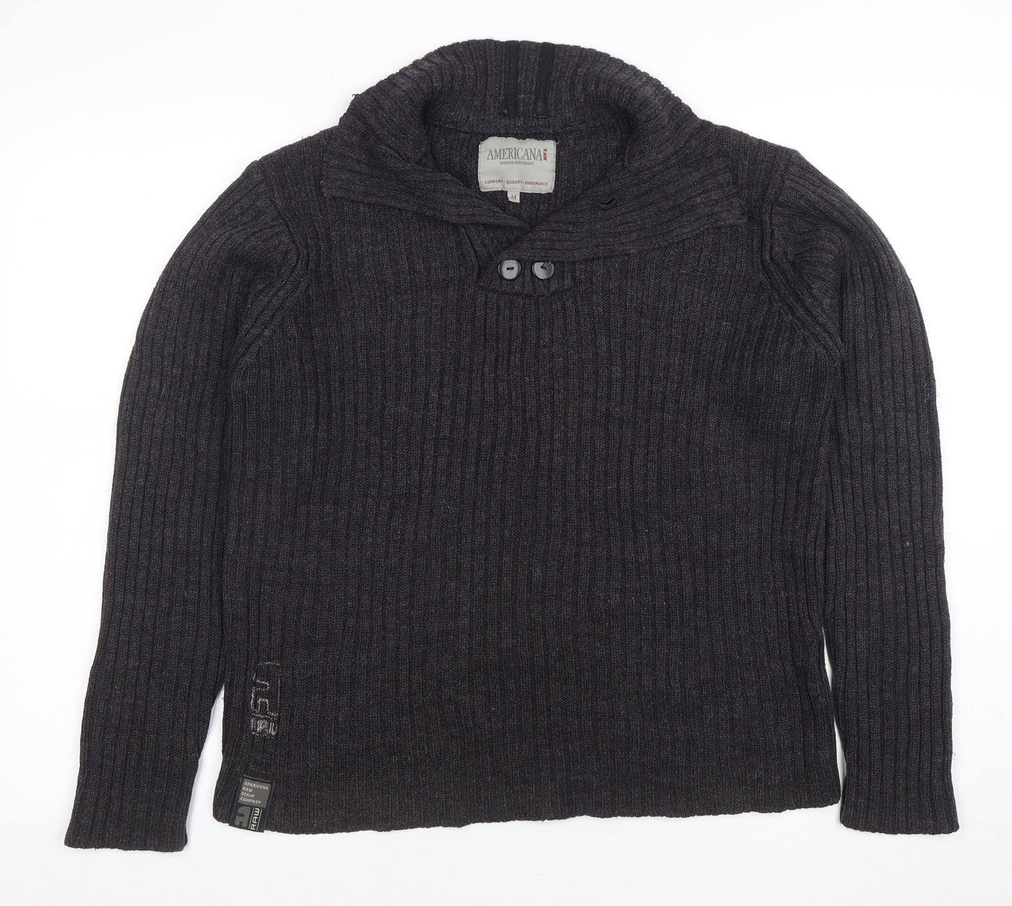 Americana Raw Men's Grey Wool Blend High Neck Pullover Jumper M