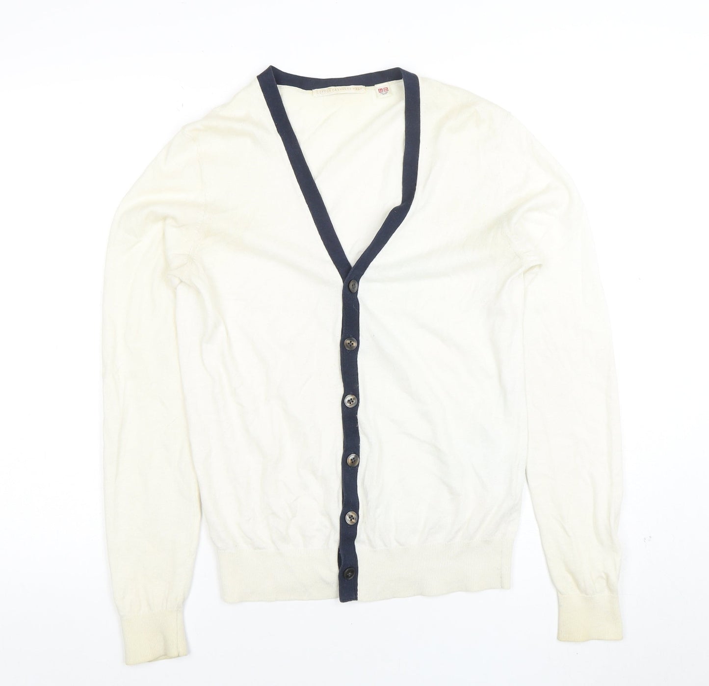 Uniqlo Women Ivory Cotton Cashmere Cardigan XS V-Neck Classic Style
