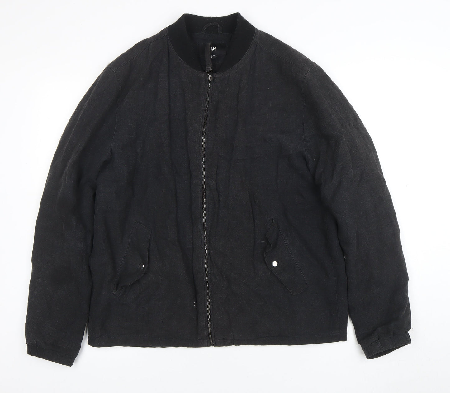 H&M Men's Black Linen Bomber Jacket M Casual Full Zip