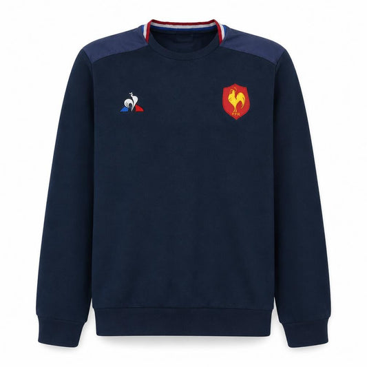 Front view of Le Coq Sportif Men's Blue Crew Neck Embroidered Rugby Sweatshirt M
