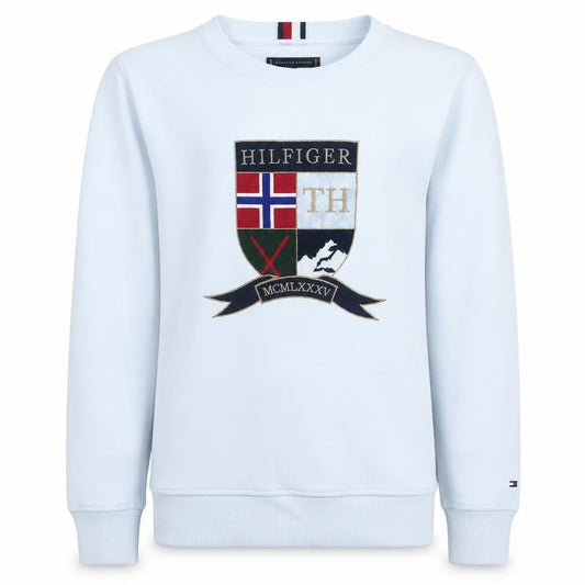 Front view of Tommy Hilfiger boys’ white pullover crew neck graphic sweatshirt, size 164