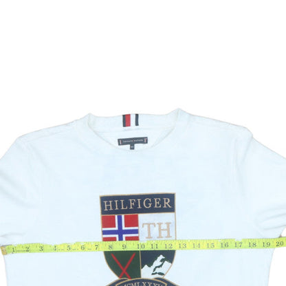 Back view of Tommy Hilfiger boys’ white pullover crew neck graphic sweatshirt, size 164