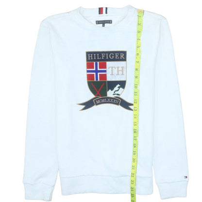 Close-up detail of Tommy Hilfiger boys’ white pullover crew neck graphic sweatshirt, size 164
