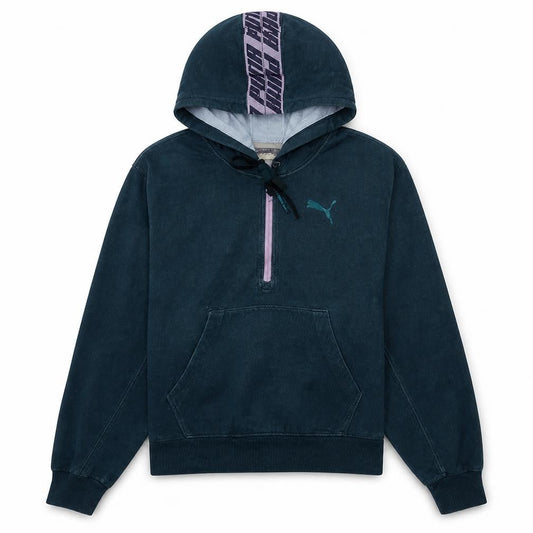 Front view of Puma women’s blue 1/4 zip hooded pullover sweatshirt, size S
