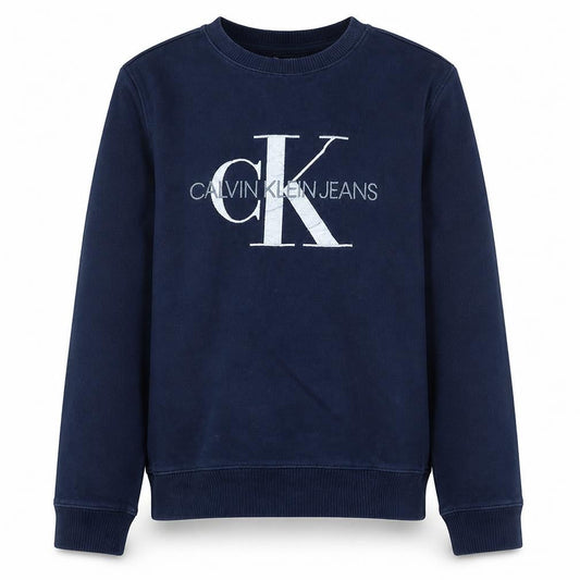 Front view of Calvin Klein Jeans boys’ navy blue logo crew neck sweatshirt, size 16