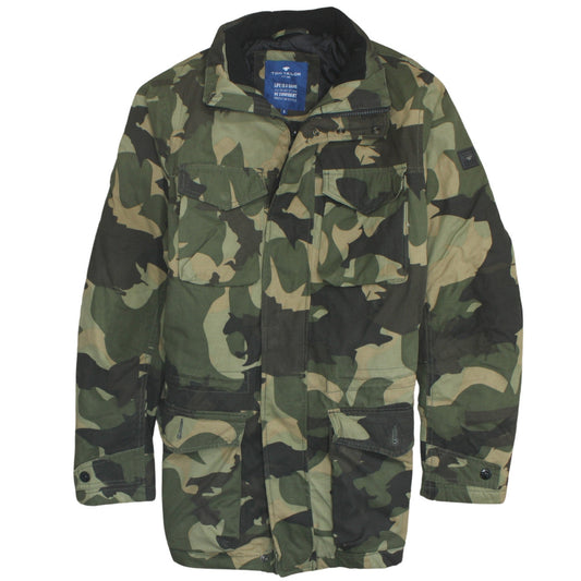 Tom Tailor Mens Green Camouflage Parka Jacket Size S Cotton Blend