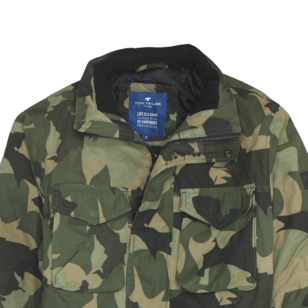 Tom Tailor Mens Green Camouflage Parka Jacket Size S Cotton Blend