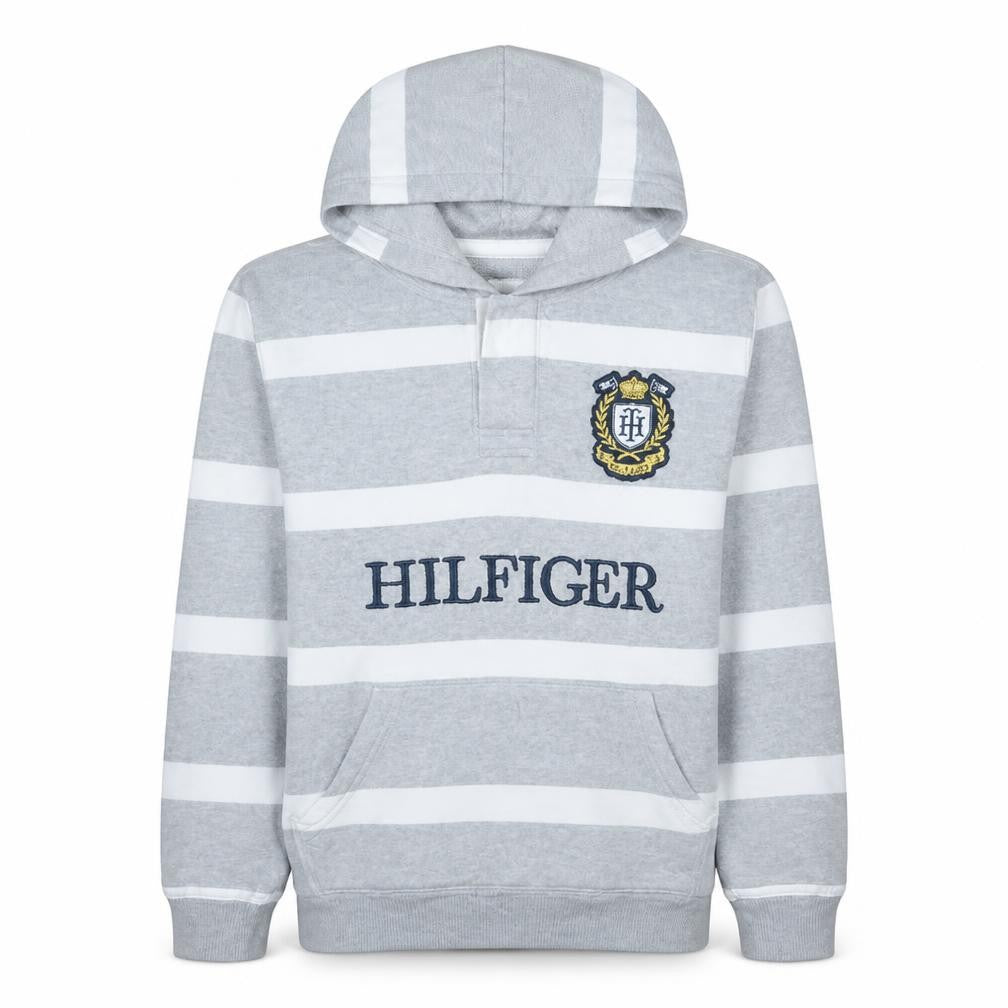 Tommy Hilfiger Men's Grey Striped Pullover Hoodie Medium