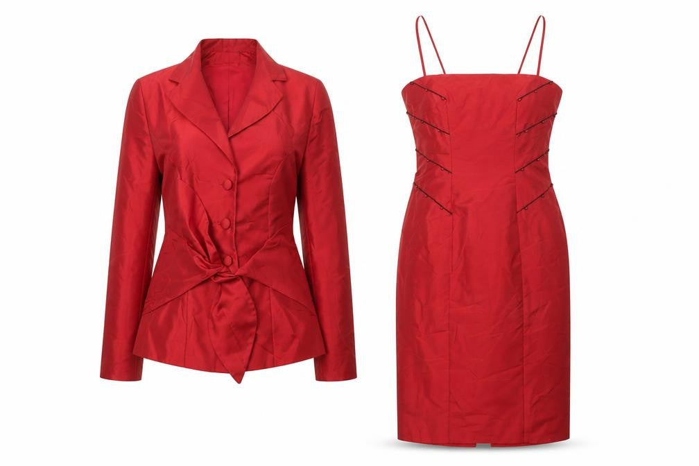 Petrovitch & Robinson Red Silk Skirt Suit Dress Set Women UK 12