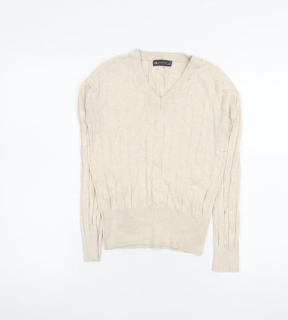 Marks & Spencer Womens Beige V-Neck Cable Knit Pullover Jumper XS