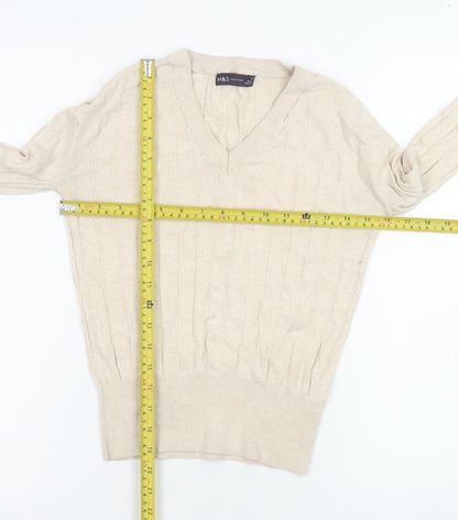 Marks & Spencer Womens Beige V-Neck Cable Knit Pullover Jumper XS