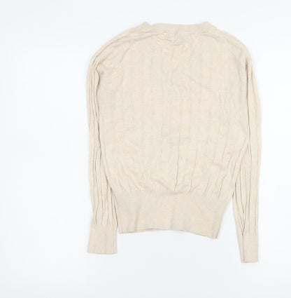 Marks & Spencer Womens Beige V-Neck Cable Knit Pullover Jumper XS