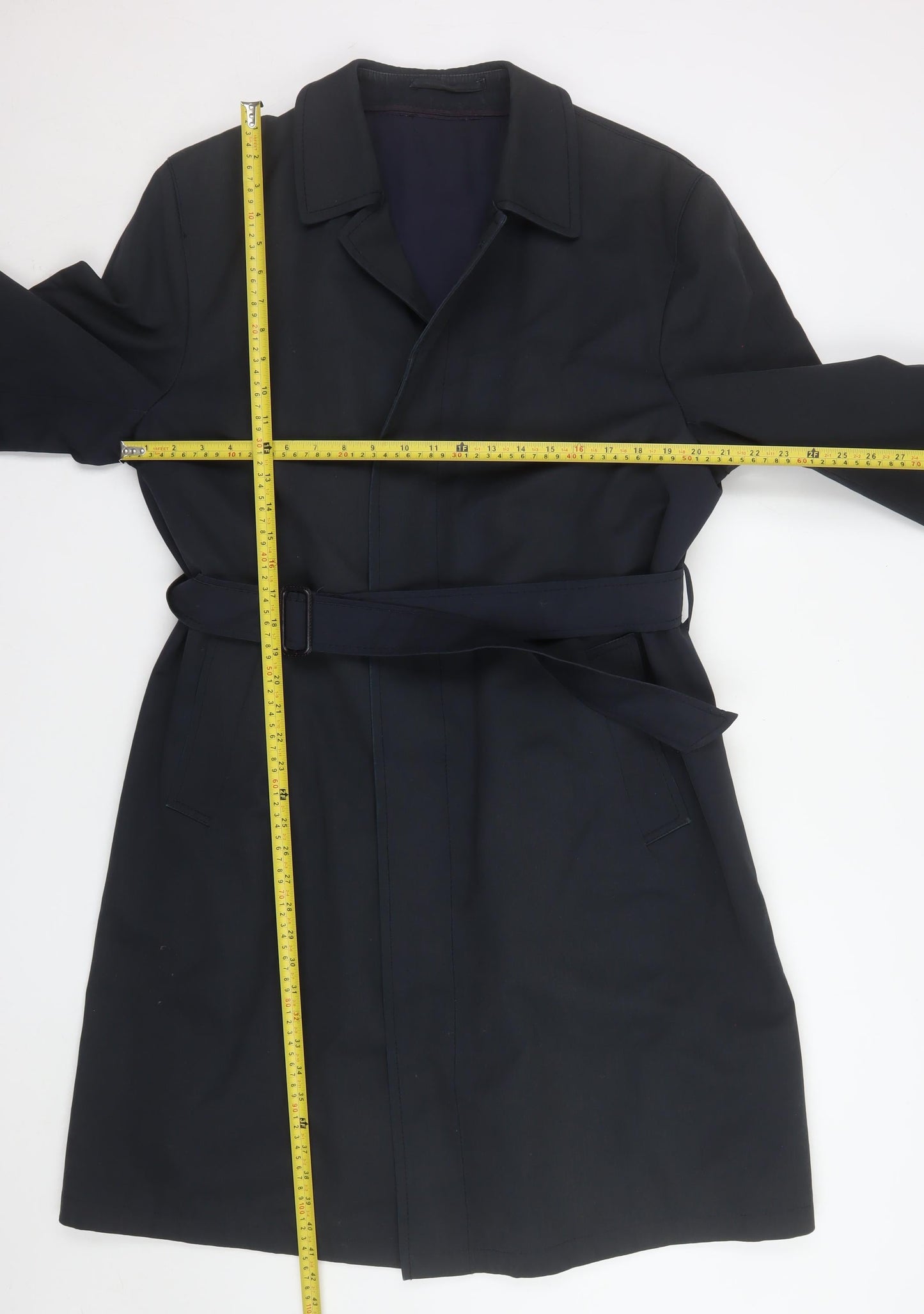 C&A Canda Men's Black 44in Trench Coat Belted Mid-Length Classic Workwear