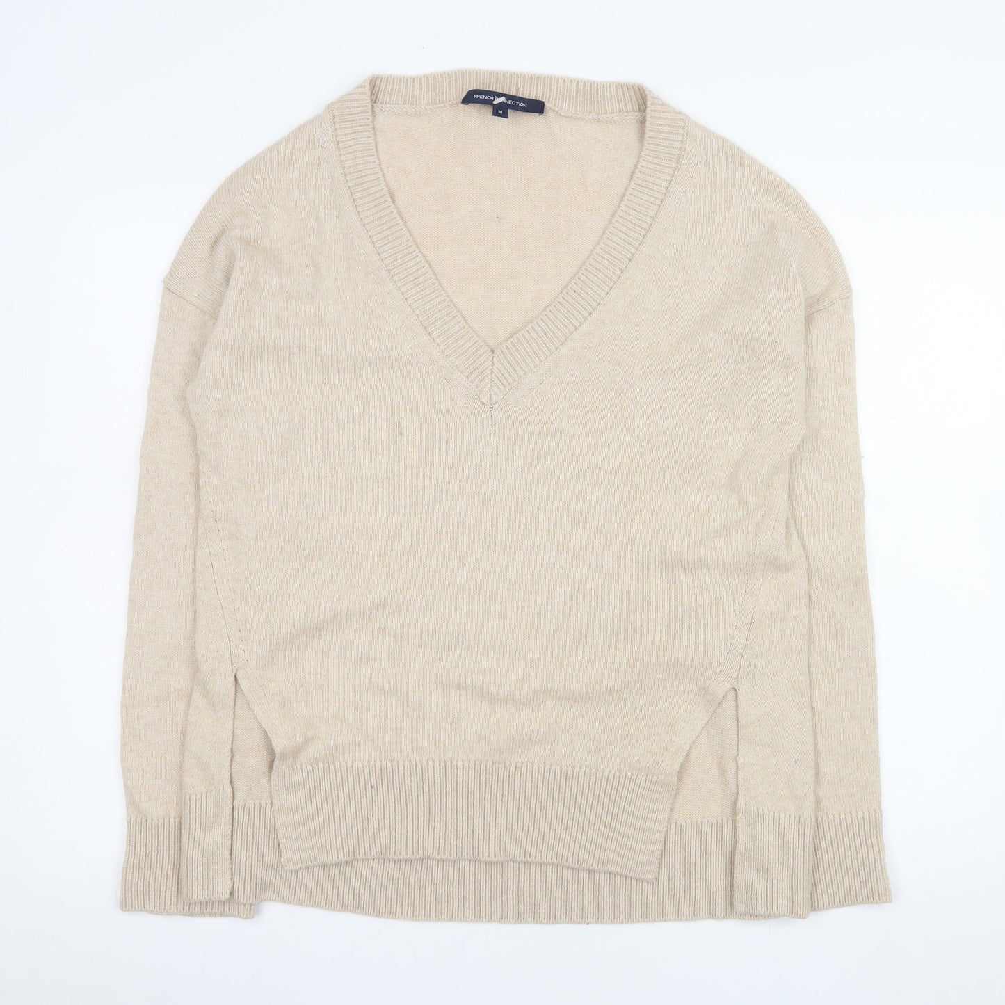 French Connection Men's Beige V-Neck Wool Blend Jumper Size M