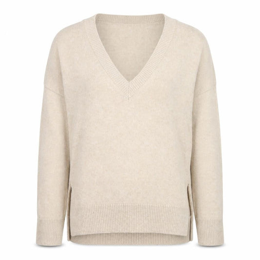 Front view of French Connection Men's Beige V-Neck Wool Blend Jumper, size M