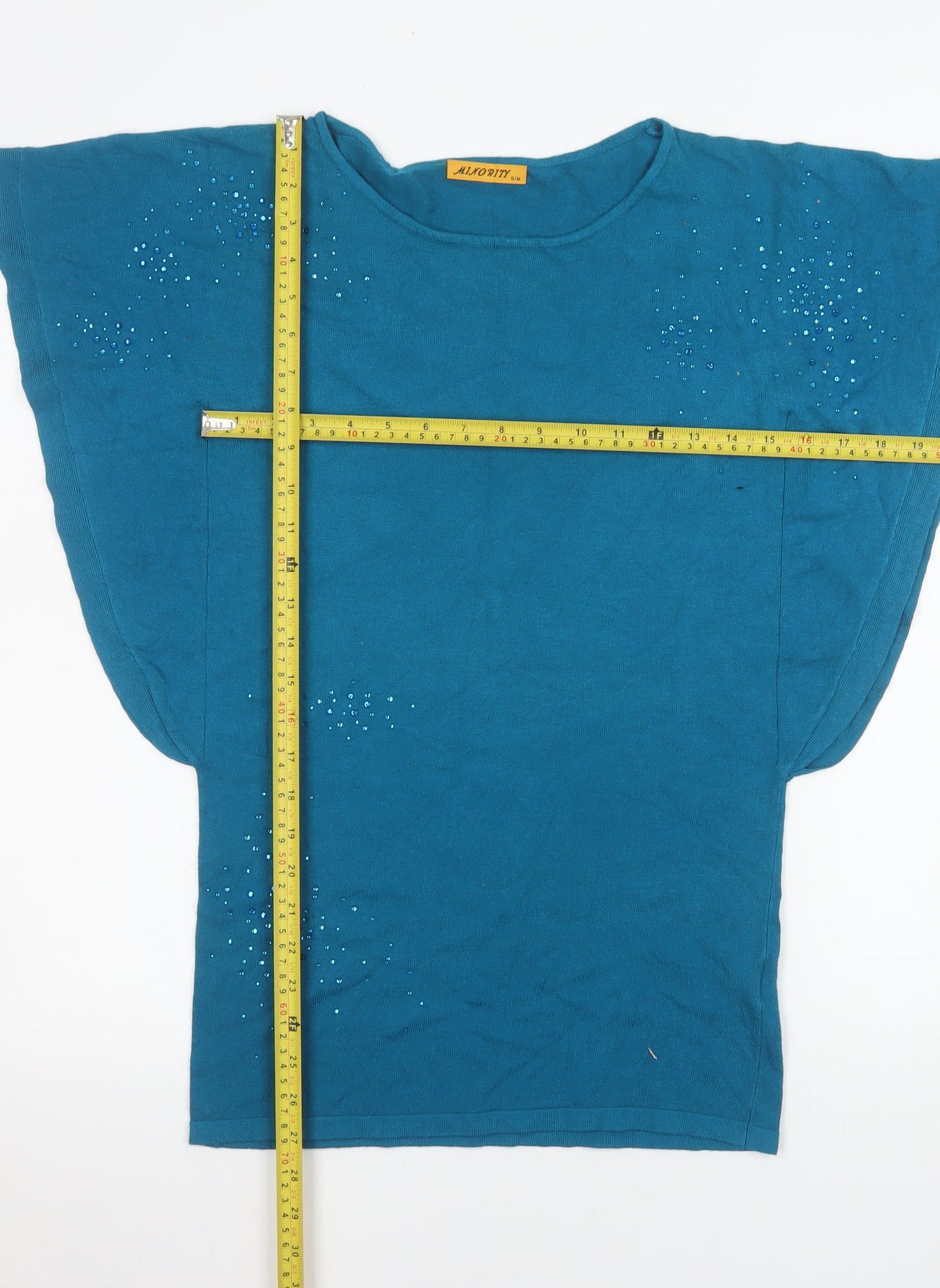 MINORITY Women's Blue Rhinestone Short Sleeve Relaxed T-Shirt S