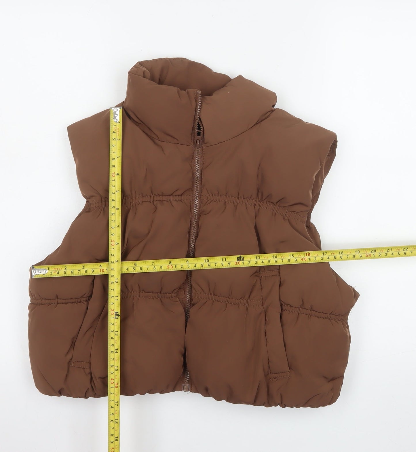 H&M Women Brown Puffer Waistcoat Size 12 Sleeveless Quilted Vest