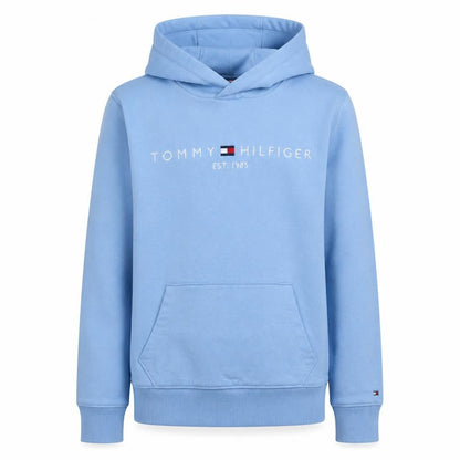 Front view of Tommy Hilfiger boys’ blue pullover hoodie, size 152, cotton logo sweatshirt
