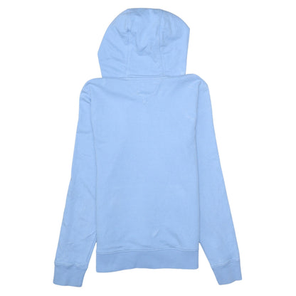 Brand and care label for Tommy Hilfiger boys’ blue pullover hoodie, size 152, cotton logo sweatshirt