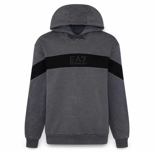 Front view of Emporio Armani EA7 Men's Grey Pullover Hoodie, size S, Designer Logo
