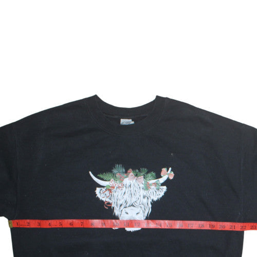 Gildan Women's Black Medium Pullover Sweatshirt Highland Cow Print