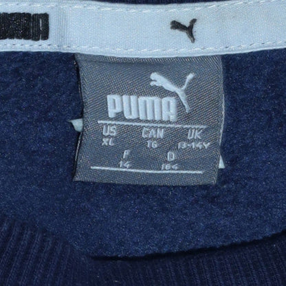 Brand and care label for Puma boys’ blue logo pullover fleece sweatshirt 14-15 years