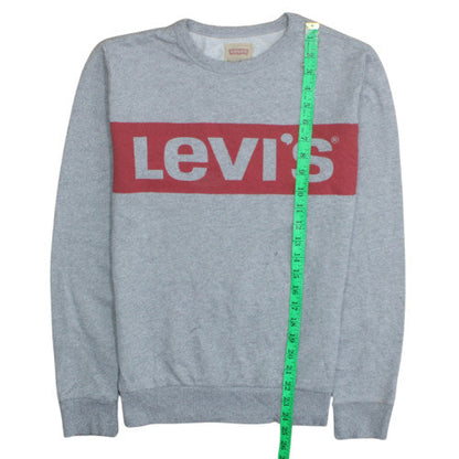 Close-up detail of Levi's boys’ grey logo pullover sweatshirt, size 14, years crew neck