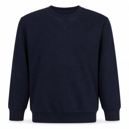 Front view of Tommy Hilfiger boys’ blue crew neck pullover logo sweatshirt, size 164
